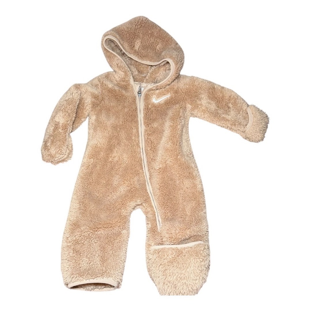 Cozy Gorpcore Nike Bunting Jumpsuit Regular 3M Tan Sherpa Fleece Hooded Romper - Picture 1 of 7